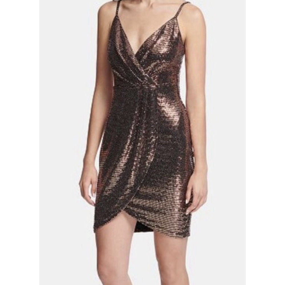 Guess Metallic Sequin Wrap Dress Copper Black Mini GDKN3121‎ Sz 0 NWT